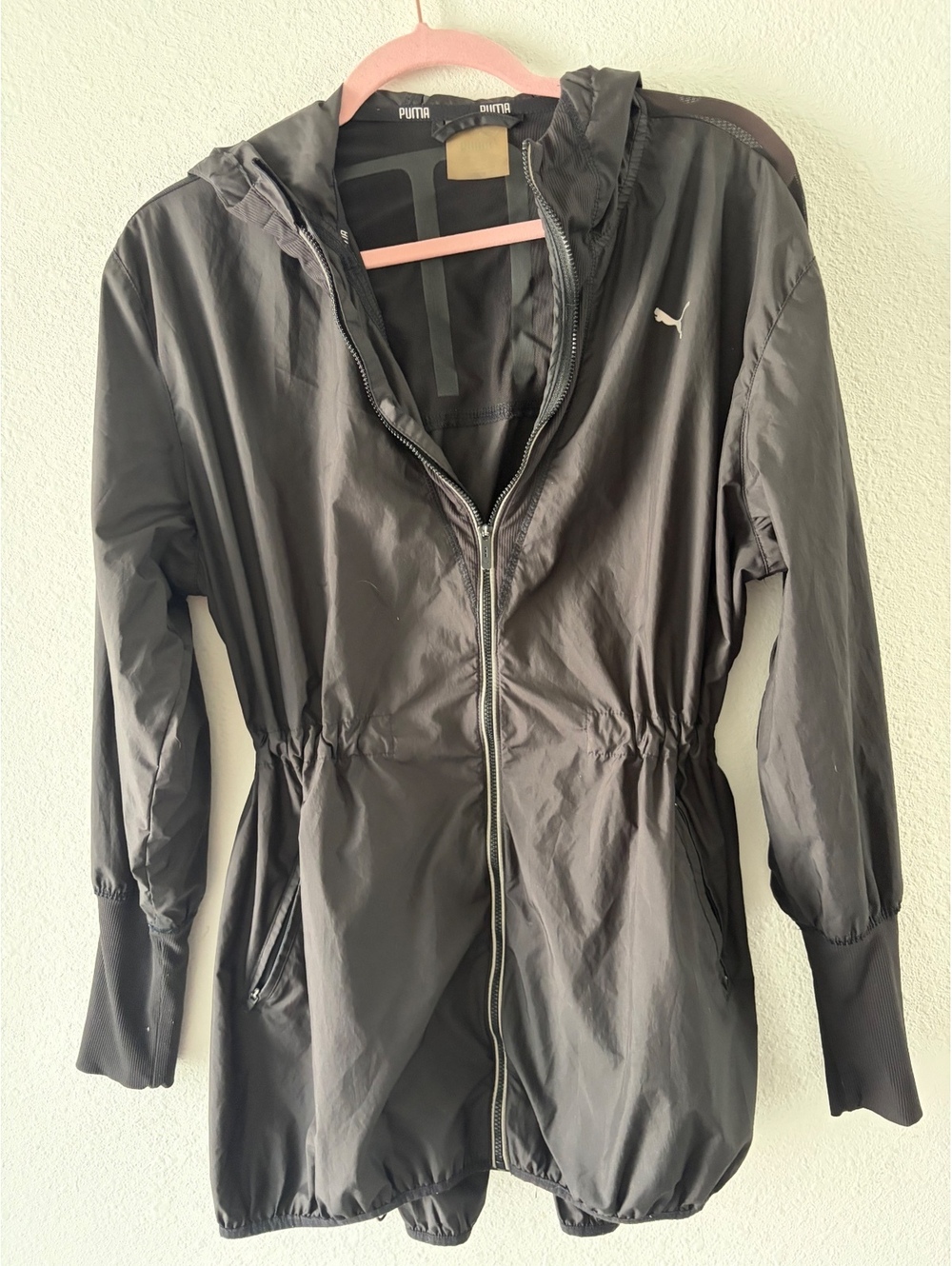 Puma Lightweight Black Windbreaker Jacket with Hood and Adjustable Waist